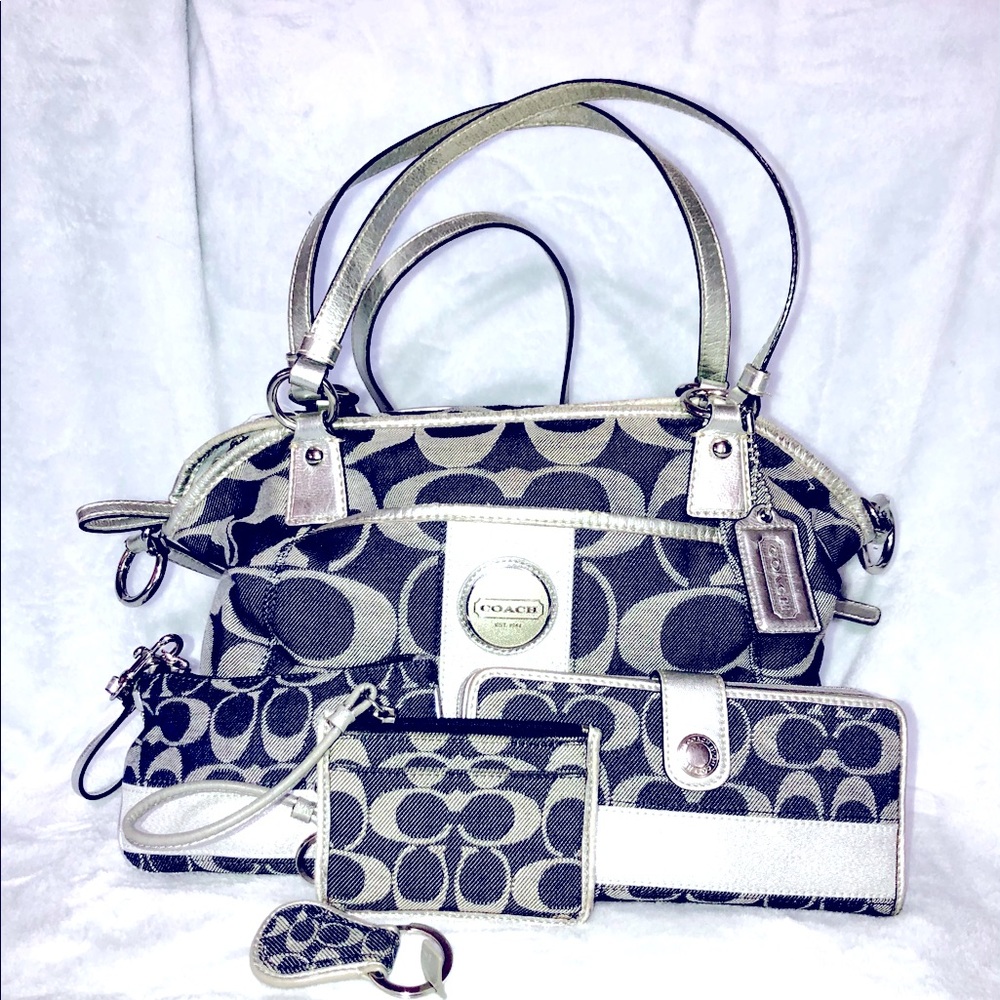 Coach denim blue handbag purse, wristlet, ID holder, zipper wallet, keychain